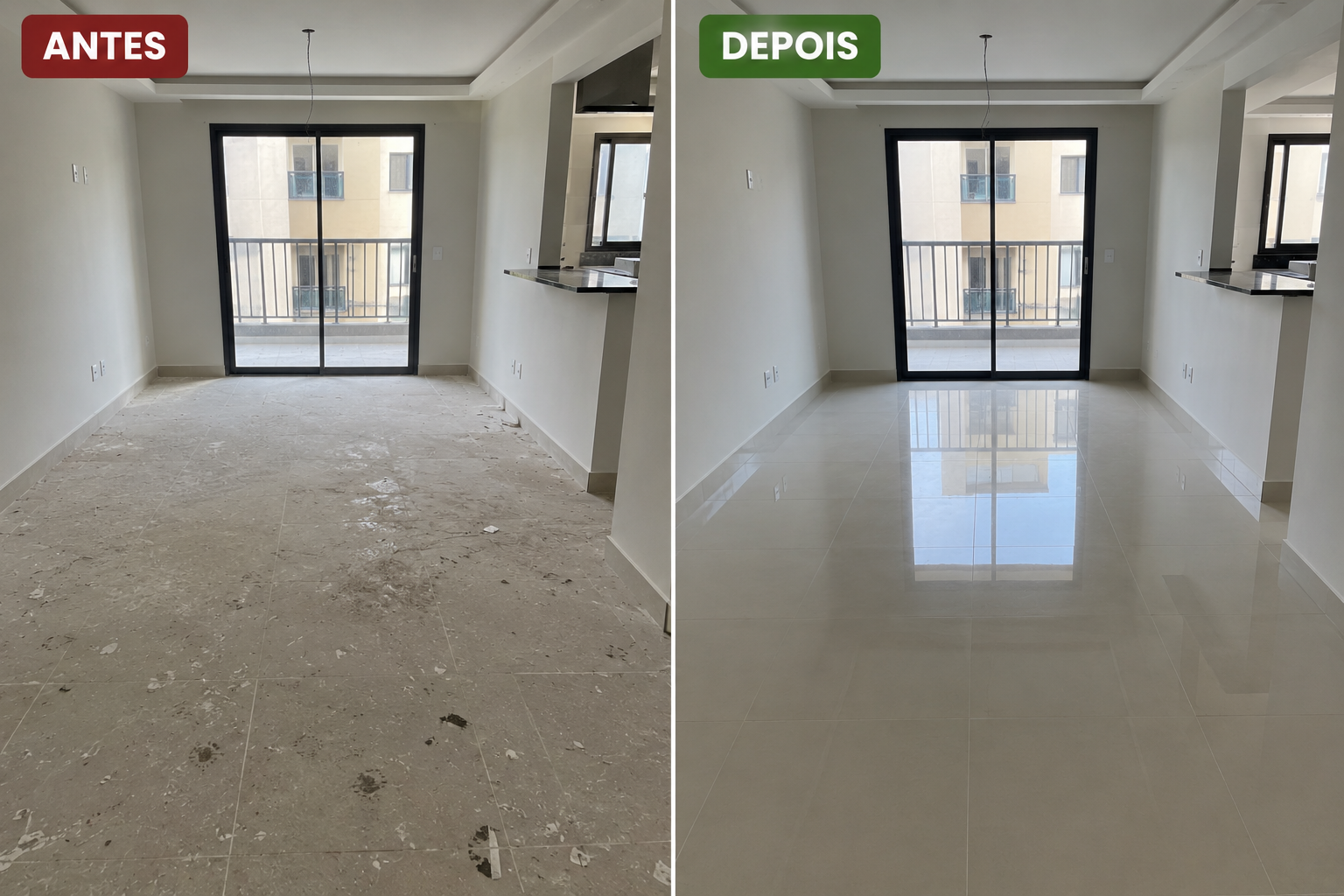 Referência visual para antes e depois em Sala pós-obra