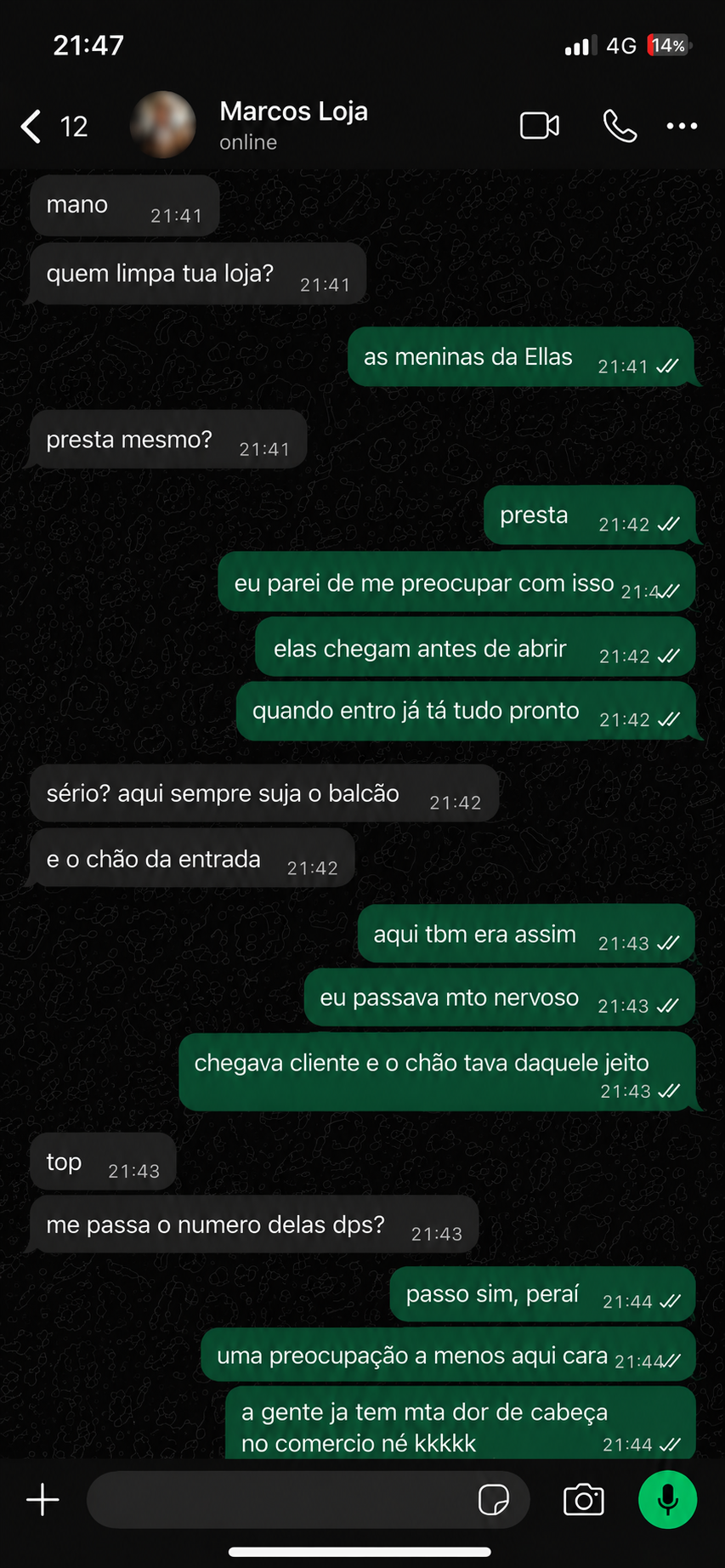 Print autorizado de conversa no WhatsApp sobre limpeza comercial feita pela ELLAS